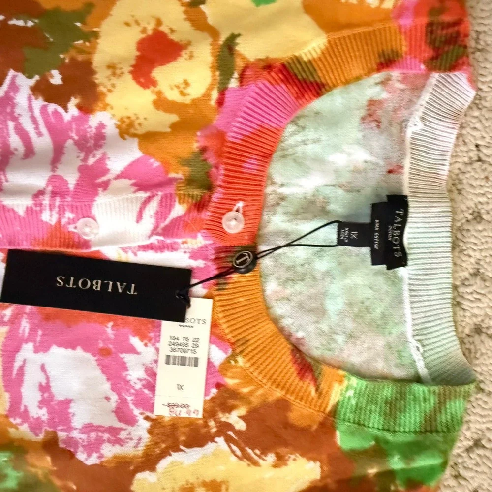 Talbots Womens Cardigan 1X Floral Print Button Front 3/4 Sleeve Pima Cotton - Picture 2 of 4